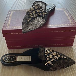 Rene Caovilla Ballerina Black Lace Lamb Mules size 9.5 NWT